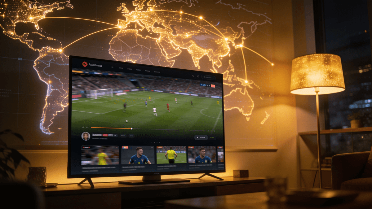 A TV streaming a live football match at night with a faint world map and connection lines projected on the wall behind it