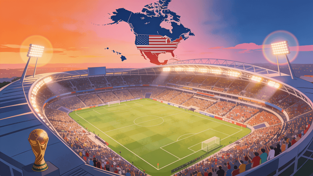 Aerial view of a floodlit World Cup 2026 stadium at dusk with a North American map motif in the sky