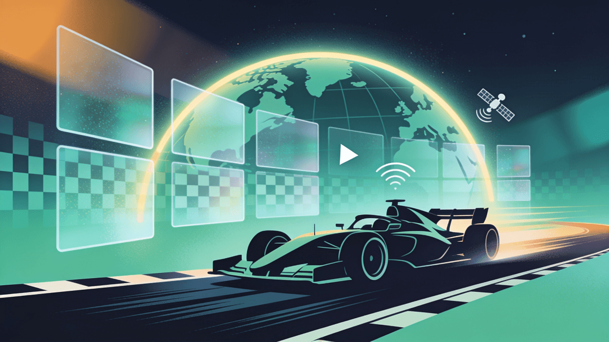 Abstract illustration of a Formula 1 car speeding across a night circuit surrounded by floating broadcast screens and a glowing globe