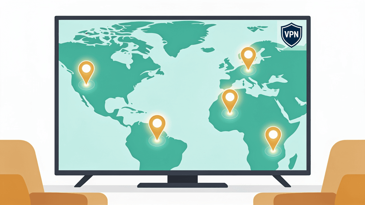 Illustration of a TV screen showing a world map with location pins and a VPN shield, representing switching Netflix regions.
