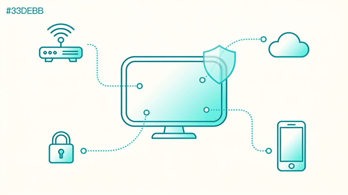 Abstract turquoise and white illustration of a television connected by dotted paths to a router, a padlocked cloud and a phone, with a shield motif.