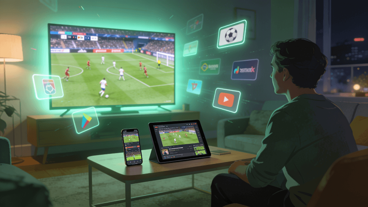 A living room with a TV, phone, and tablet all streaming a live sports match, illustrating watching sports without cable