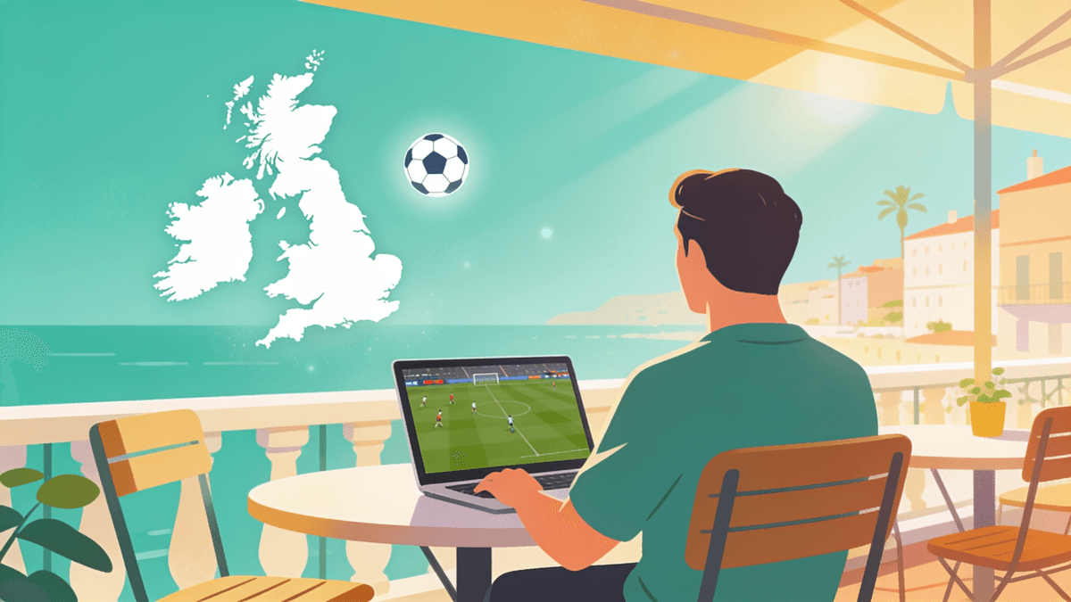 A travelling football fan watching a Premier League match on a laptop at an outdoor café abroad, with an abstract UK map in the background.
