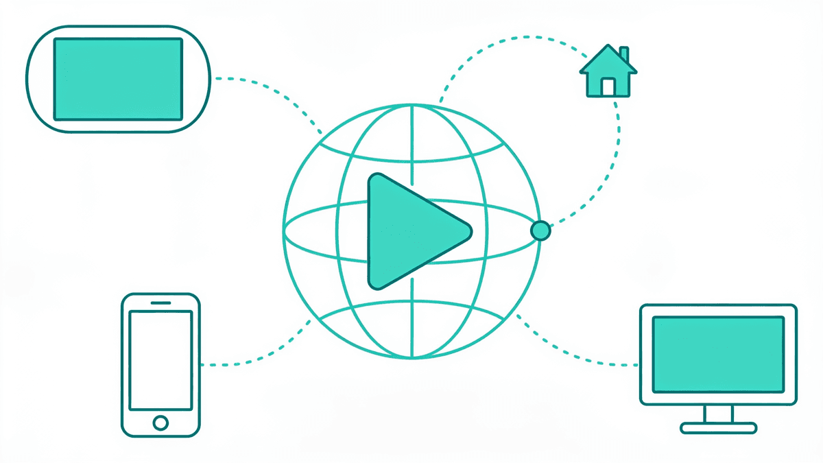 Abstract turquoise and white illustration of a play button on a globe with a signal looping back to a home icon and streaming devices