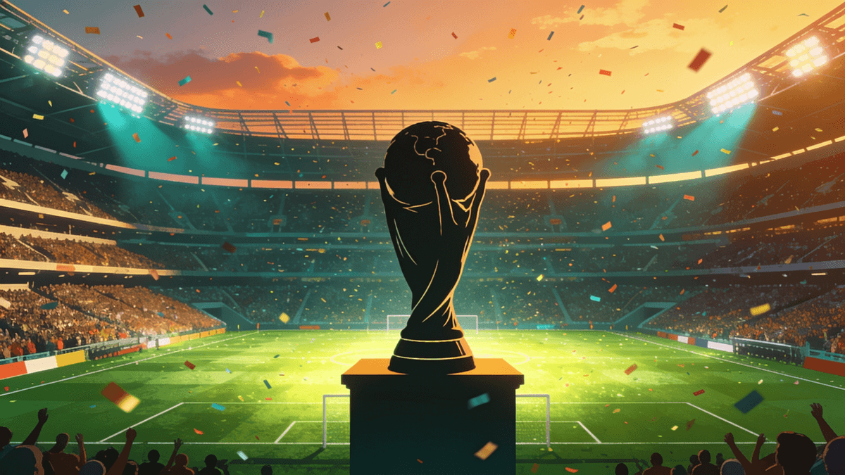 Illustration of a floodlit stadium set for the World Cup 2026 final with confetti and a trophy podium at center