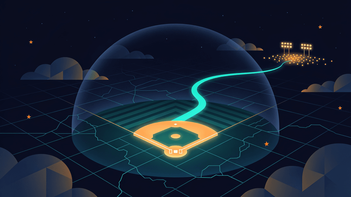 Abstract illustration of a baseball diamond under a dark dome with a glowing path escaping across a map grid toward a bright region of stadium lights