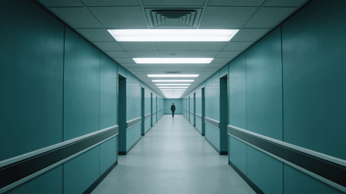 A long, sterile fluorescent-lit corporate corridor evoking the Lumon Industries offices in Severance
