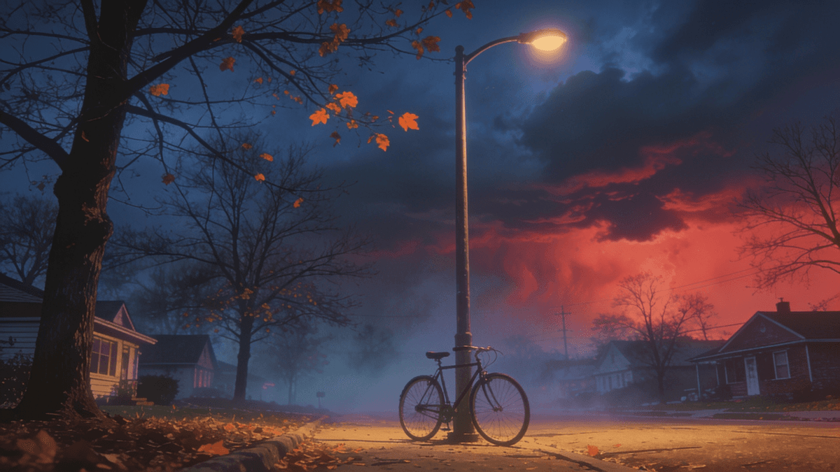 A foggy 1980s small-town street at dusk in autumn with bare trees, a lone bicycle and red storm clouds gathering overhead.