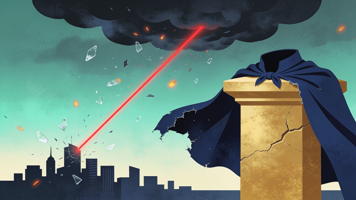 Torn superhero cape draped over a cracked golden pedestal beneath a red beam of light, symbolizing the end of a superhero era