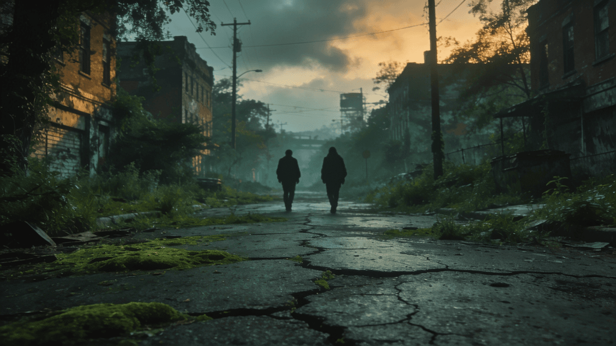 An overgrown, abandoned city street at dusk with two distant silhouetted figures, evoking the post-apocalyptic world of The Last of Us.