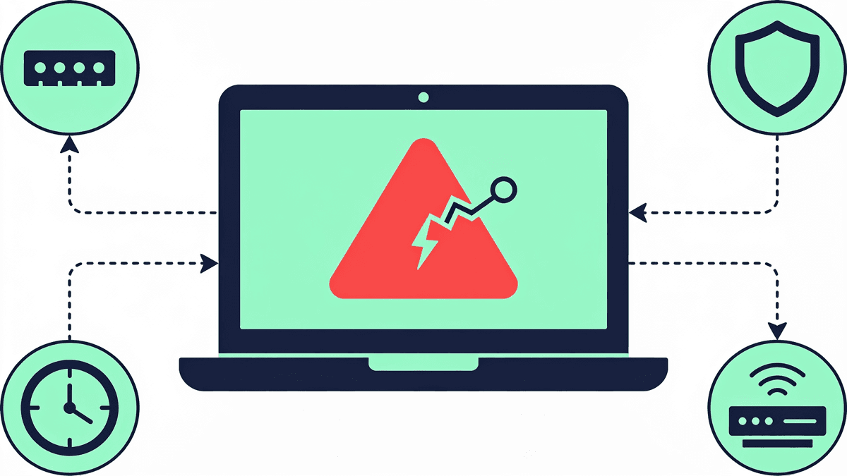 Illustration of a laptop with a VPN connection error and surrounding troubleshooting icons