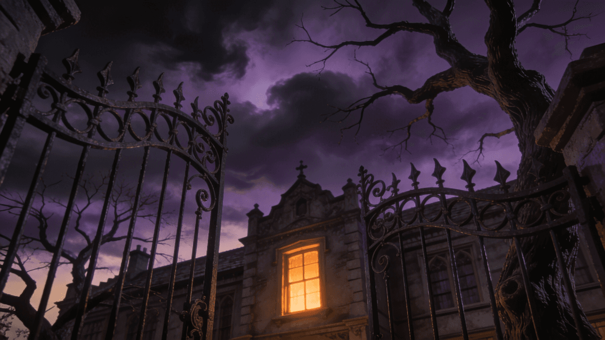 A gothic boarding-school building at dusk under stormy skies, evoking the atmosphere of Nevermore Academy in Wednesday