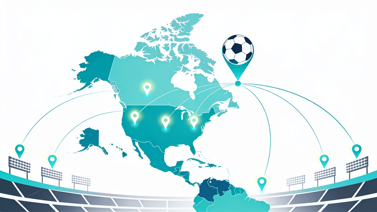 Stylized turquoise-and-white map of North America with connected venue pins and a soccer ball, representing the 2026 World Cup across the USA, Canada and Mexico.
