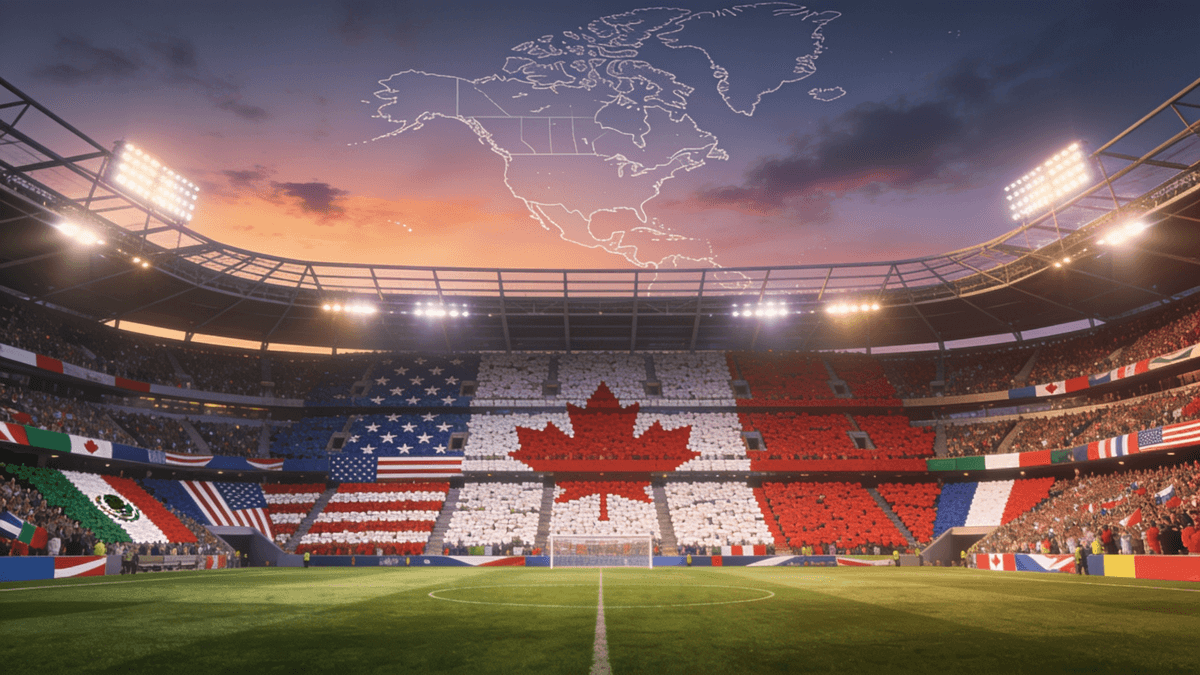 Floodlit World Cup 2026 stadium at dusk with a crowd of national flags and a faint North America map in the sky