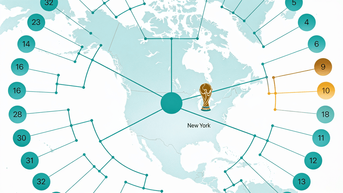 Illustrated 2026 World Cup knockout bracket spanning a map of the United States, Canada and Mexico, narrowing from 32 teams to the final.